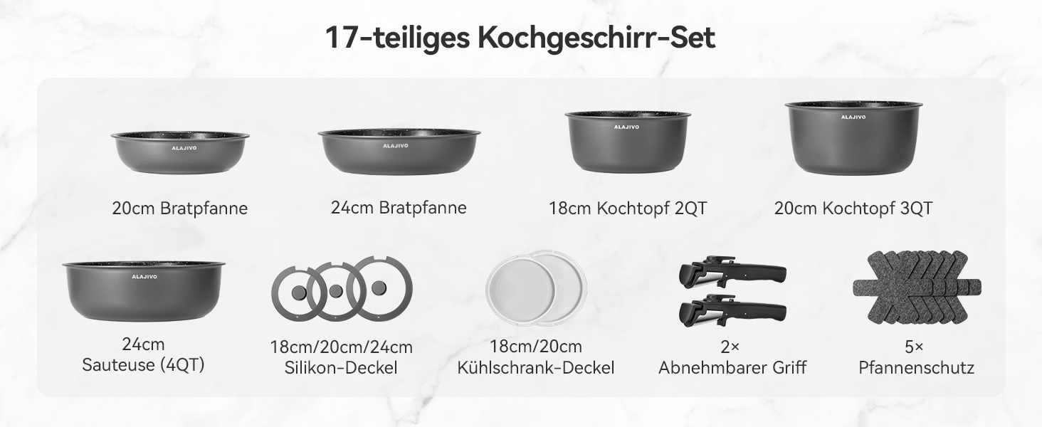 Набір каструль та сковорідок 17 частин з знімним ручками, антипригарне покриття, для всіх типів плит, включаючи індукційні, та духовка, сірий колір