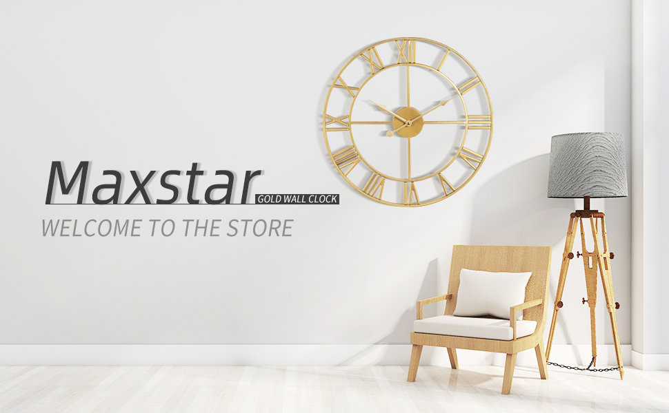 Великий настінний годинник Maxstar з римськими цифрами, металевий, безшумний, вінтажний, золото, 40 см — для вітальні, кухні, спальні, саду