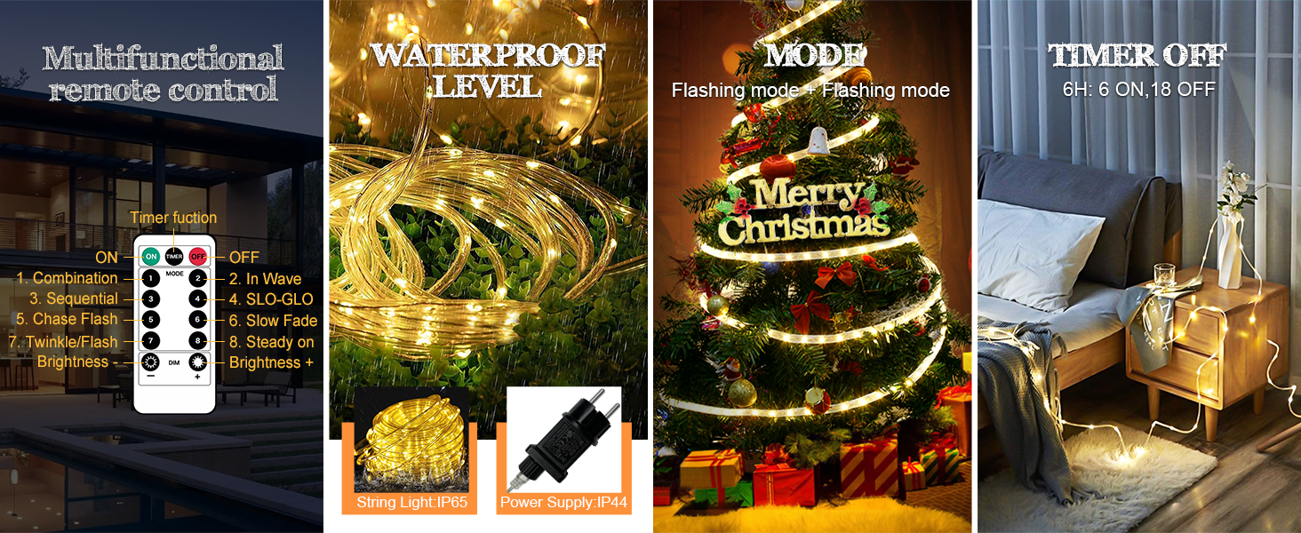 Ланцюжок прикрас LED 144 шт. для зовнішнього та внутрішнього використання, тепле біле світло, з пультом, таймером, 8 режимів, вологостійкий, для саду, будинку, балкона, ялинки