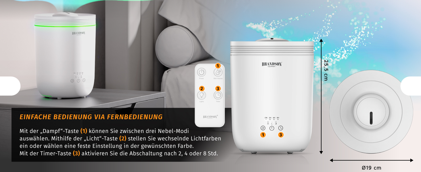 Зволожувач повітря Brandson з пультом керування, 2.2 л, LED-підсвітка, таймер, тиха робота, LED-індикатори, для вітальні, дитячої кімнати, спальні