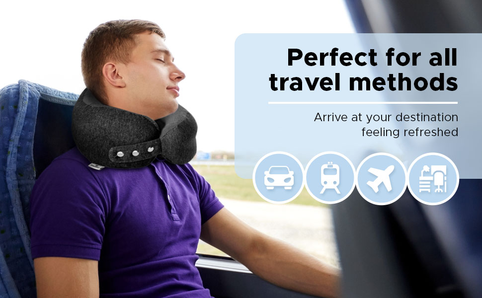 Подушка для шиї SnoozEasy™ для дорослих | Подушка для подорожей на літаку з memory foam | Регульована подушка з маскою для очей, навушниками, сумкою та карабіном | Бренд UK