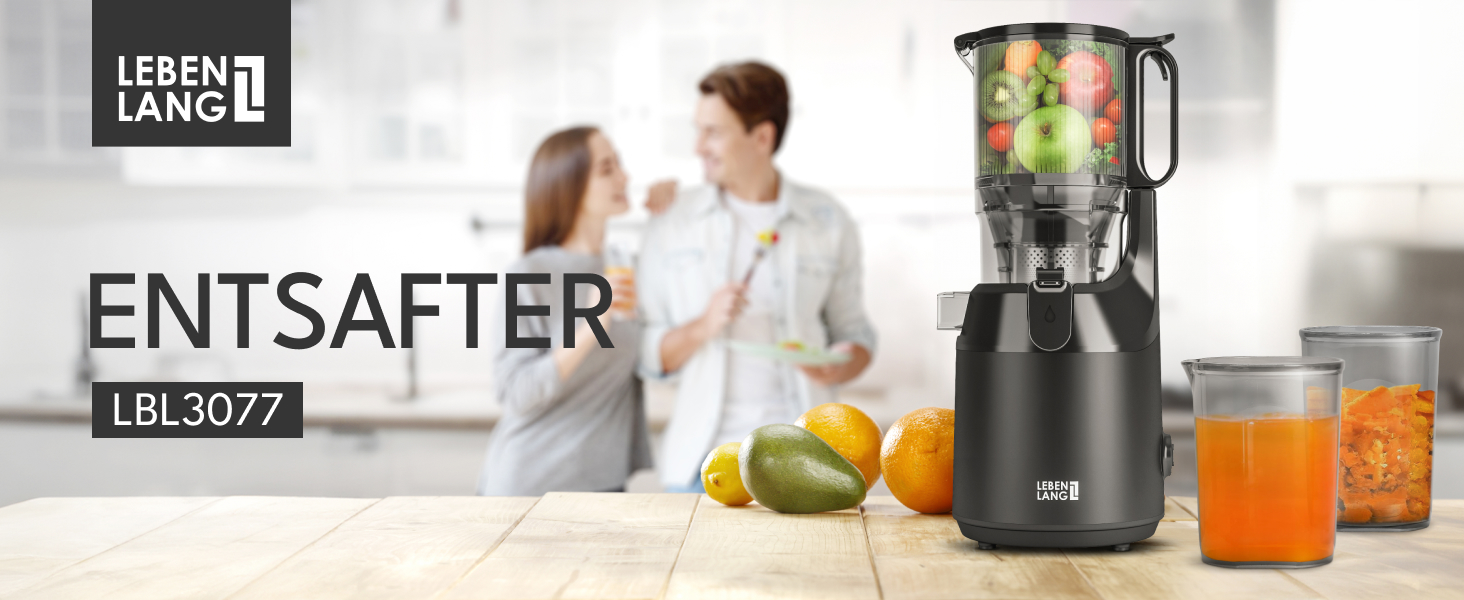 Електричний соковитискач LEBENLANG Slow Juicer з рецептами та великим соковидом 135 мм | Для фруктів, овочів, 100% BPA-Free | Мастикуючий соковитискач
