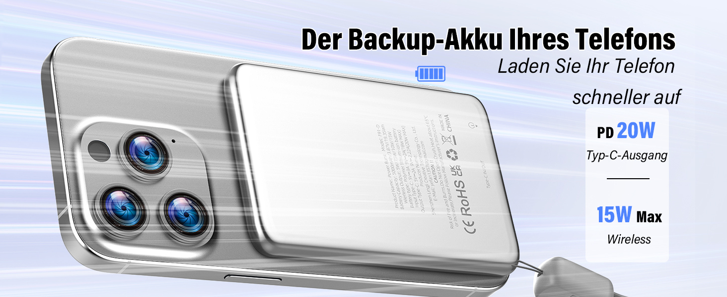 Power Bank MagSafe 5000mAh 20W PD з бездротовою зарядкою, USB-C, для iPhone 16/15/14/13/12, срібний