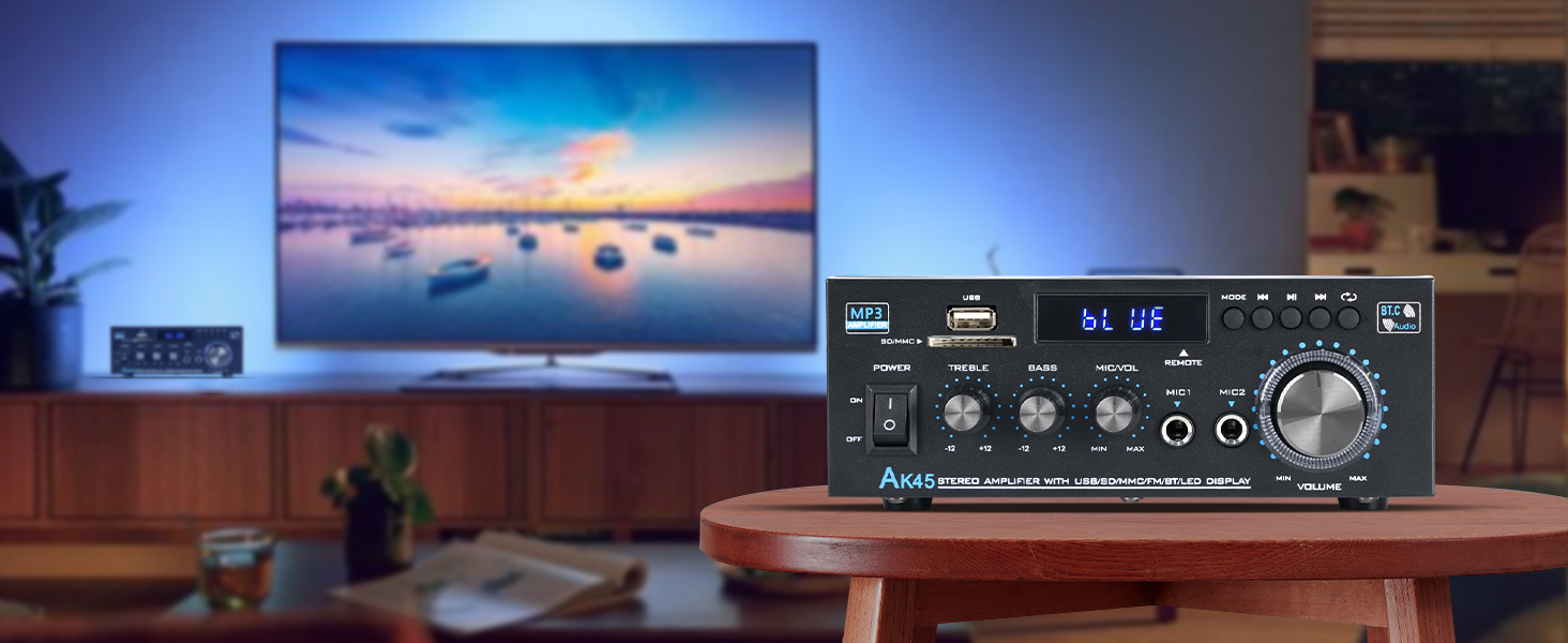 NEOHIPO HiFi-усилювач AK45 Mini, Bluetooth стерео аудіоусилювач 400Вт, 2-канальний, цифровий, з FM-радіо, SD/USB, для дому або авто, чорний