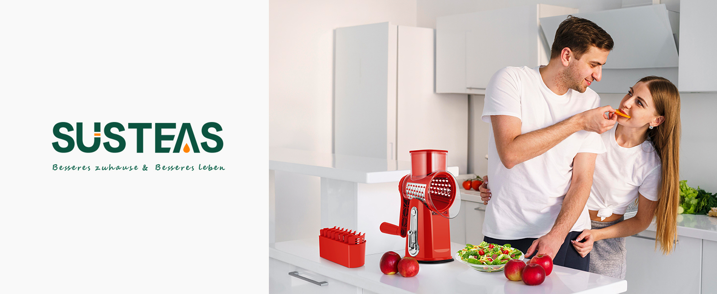 Ручна тертка для овочів Steaseas з ручкою - тертка для сиру, овочів, горіхів з 5 насадок, потужним присоском, контейнером для лез (червона)