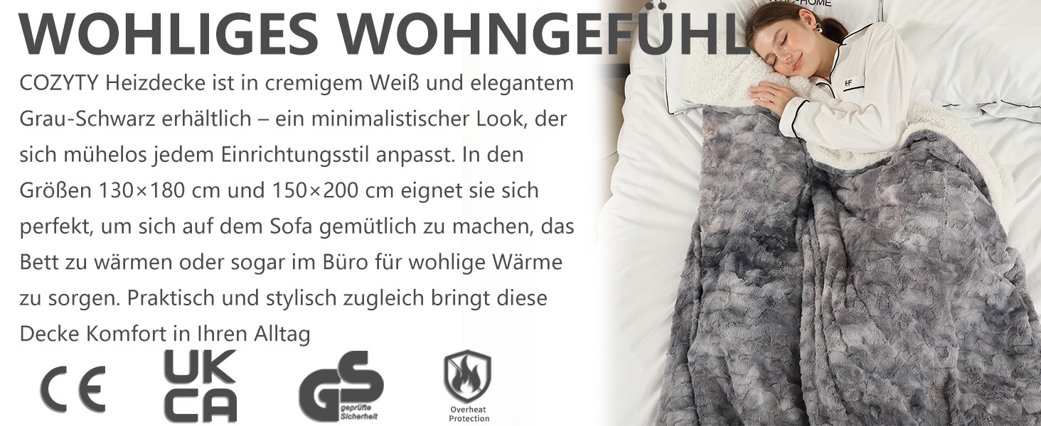 Електрична ковдра COZYTY 150x200 см з автовимкненням – фланель, 6 режимів нагріву, таймер, захист від перегріву, машинне прання (сірий, чорний)