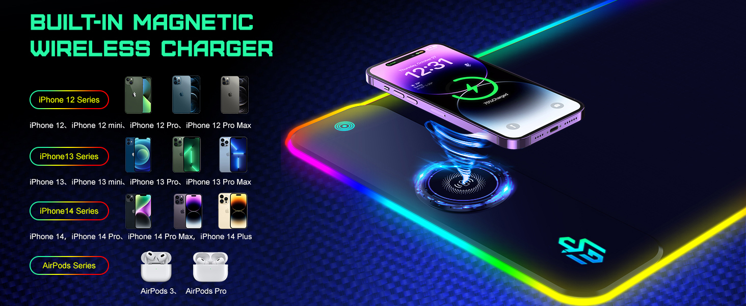 Ігровий килимок для миші RGB з бездротовою зарядкою Qi 15W, 800x350x4мм, 10 режимів підсвічування, швидка зарядка 10W для iPhone 13/13 Pro, водонепроникний та протиковзкий (Dark)