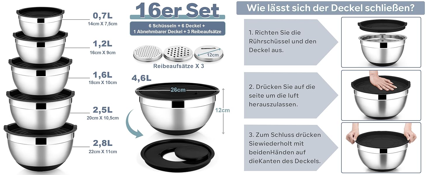HaWare Mixing Bowl Set of 6, Stainless Steel Bowl Salad Bowl Set with Airtight Lid & 3 Grater Attachments, 4.6L/2.8L/2.5L/1.6L/1.2L/0.7L, Non-Slip Silicone Bottom & Dishwasher Safe, Black