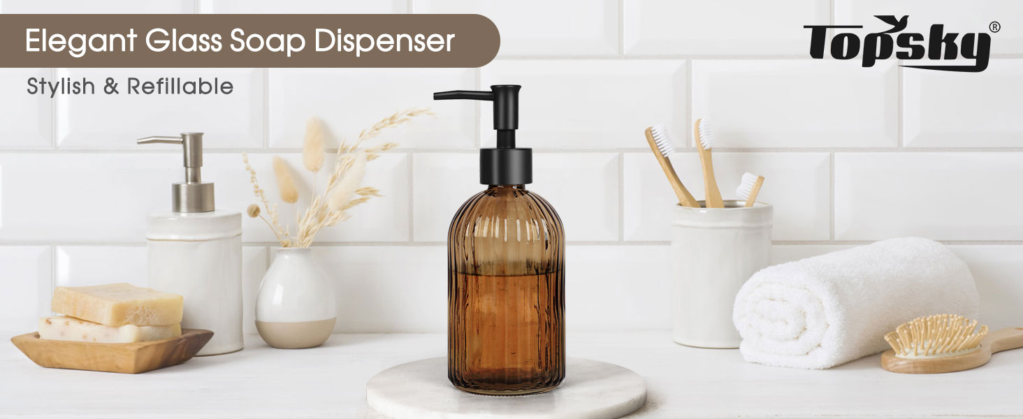 Скляні дозатори для мила Topsky (2 шт.), 400 мл, з нержавіючою помпою, для кухні та ванної кімнати, підходить для лосьйонів, ефірних олій та рідкого мила, колір - бурштиновий