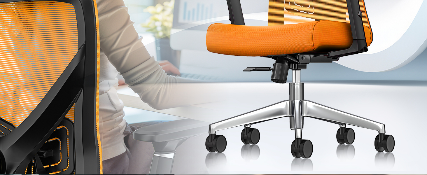 Офісне крісло KESSER® ергономічне з регульованими підлокітниками, поворотне з підтримкою попереку, з підголівником. Функція гойдання до 125° та 5 роликів. Оранжевий/срібний колір.