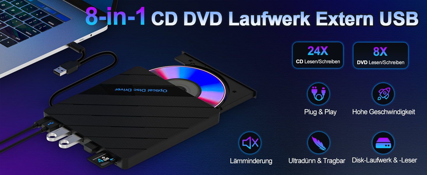 Зовнішній багатофункціональний DVD-привід 8-в-1 для ноутбука та ПК: USB 3.0, Type-C, 5 USB-портів, картридер TF/SD, оптичний накопичувач для Windows, macOS, Linux, сірий