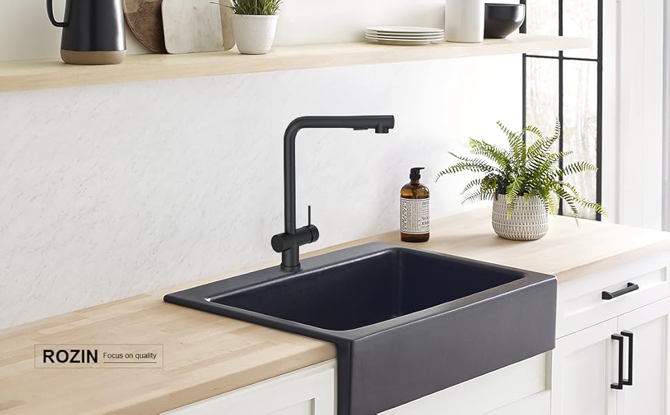 Змішувач кухонний Rozin для мийки, чорний матовий, з висувною лійкою, поворотний 360°, 2 режими, для кухні