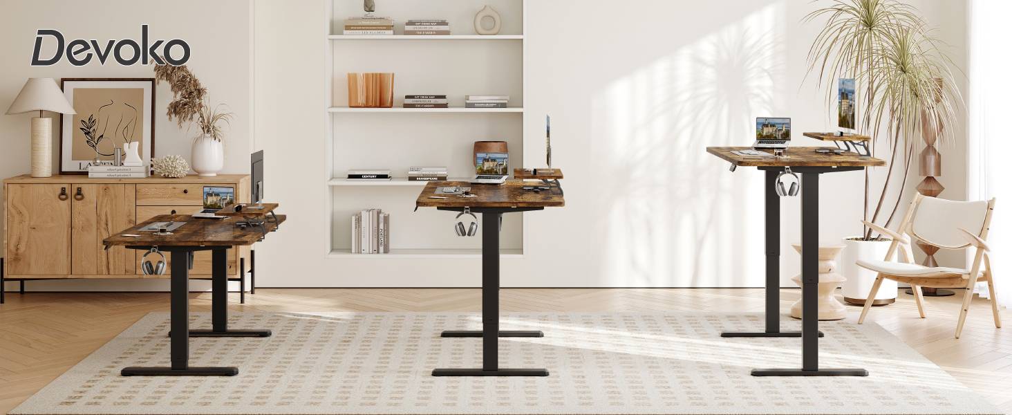 Devoko Electric Standing Desk 160x70cm with Monitor Stand, Memory Height Adjustment, Ergonomic Sit-Stand Desk (120x60cm, Vintage Brown)