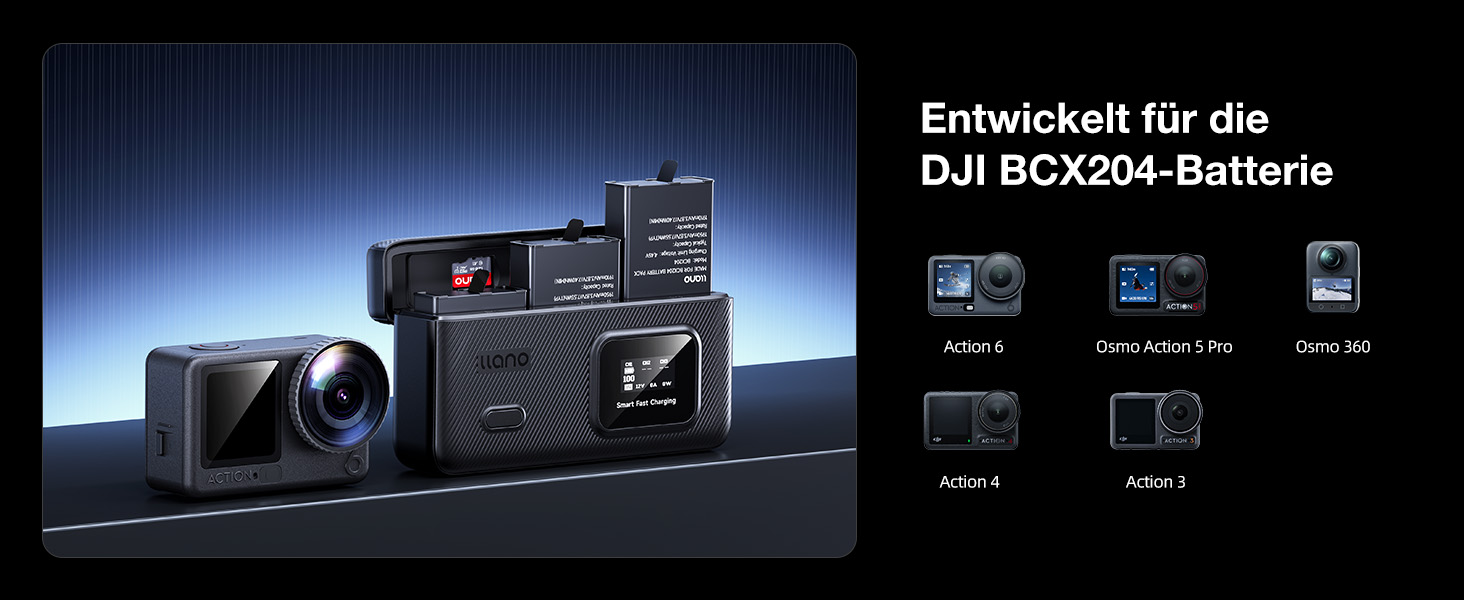 Зарядний пристрій LLANO AC3 30W з 3 акумуляторами 1950mAh для DJI Osmo Action 6/5 Pro/4/3 & Osmo 360, трьохпортовий, PD-зарядка, LED-дисплей, портативний кейс