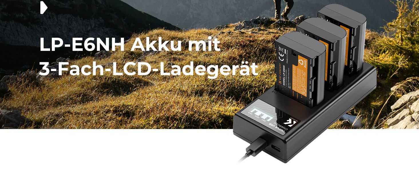Акумулятор K&F Concept LP-E6NH (3 шт.) з зарядним пристроєм на 3 слоти - сумісний з Canon EOS R7, R5, R6, EOS R, 5D II, III, IV, 6D, 6D II, 7D, 7D II, 60D, 70D, 80D, 90D
