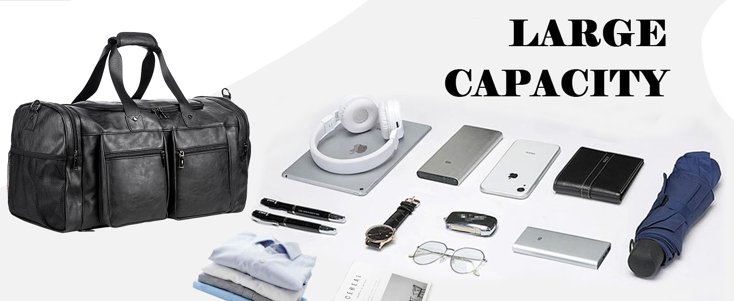 Duffle Bag with Shoe Bag, Overnight Bag, Leather Oversized Weekender Bag, Large Carry-on Bag, Duffel Bag for Women and Men