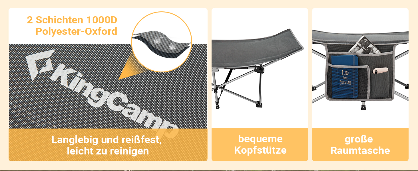 Розкладне ліжко для кемпінгу KingCamp - легке, портативне, з кишенею, 190x67 см, чорно-сірий годинниковий візерунок