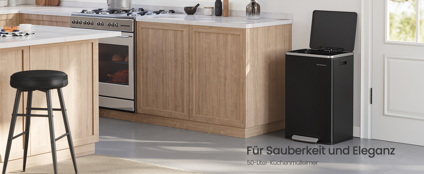 Відро для сміття SONGMICS 50 л, нержавіюча сталь, знімний внутрішній відро, Softclose, LTB595E01 (чорний)