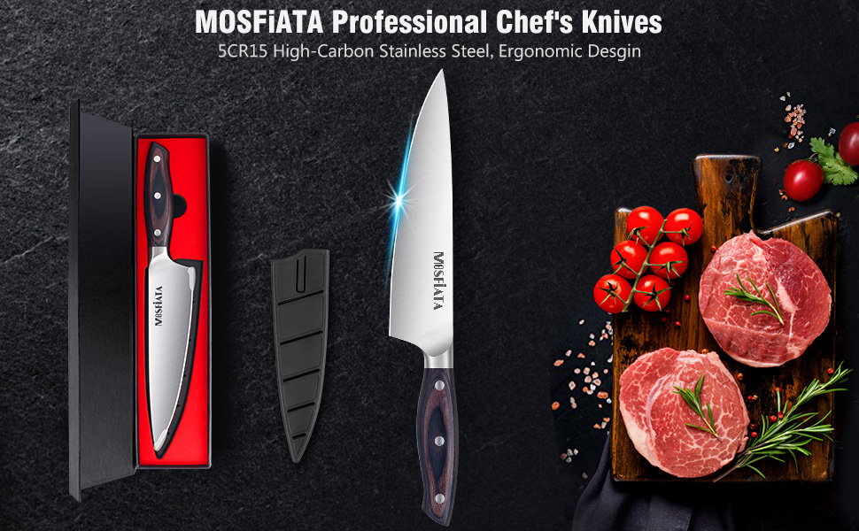 MOSFiATA Кухонний ніж професійний 20 см з піхвою, з нержавіючої сталі для м'яса, овочів, фруктів, суші