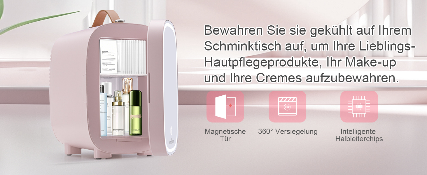 Mini-холодильник Enventor 4L (6 банок) з LED-дзеркалом, охолодження/нагрівання, рожевий