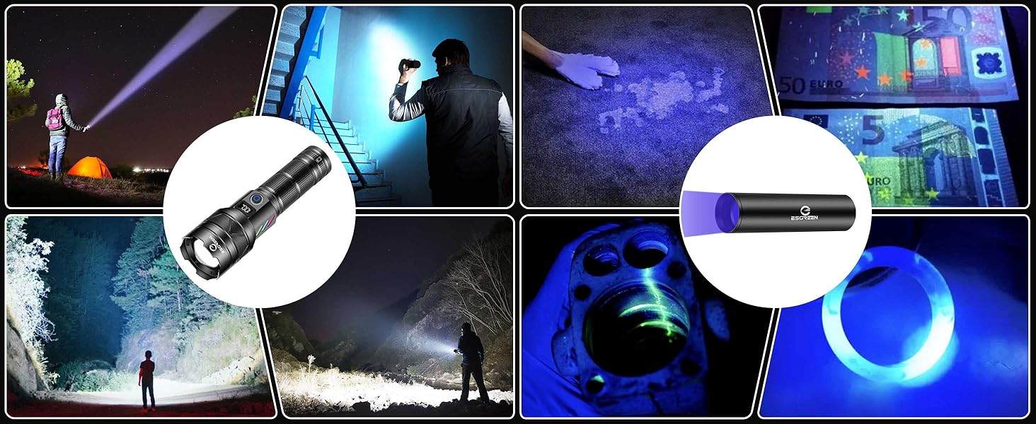 LED ліхтарик Esgreen 500000 люменів - тактичний, потужний, з USB-C, зумом, 5 режимів, для кемпінгу та безпеки