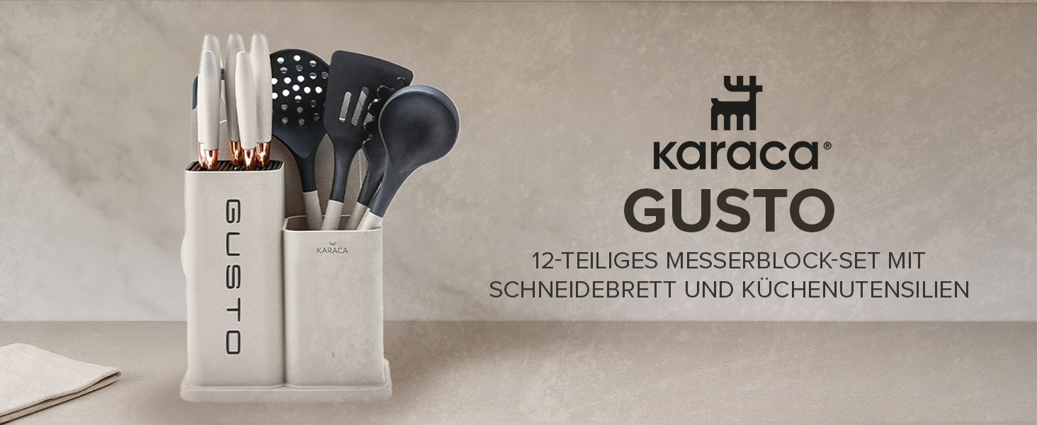 Набір ножів Karaca Gusto 12 предметів з дощечкою та кухонними аксесуарами. Ножі з нержавіючої сталі, ергономічні ручки. Чорний колір.