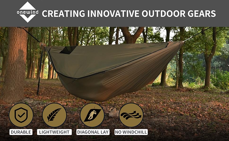 Гамак Onewind Premium 11' з блискавкою, антимоскітною сіткою та ременями для дерев, портативний, для кемпінгу, подорожей, туризму, 335×162 см, оливково-зелений з вітрозахистом