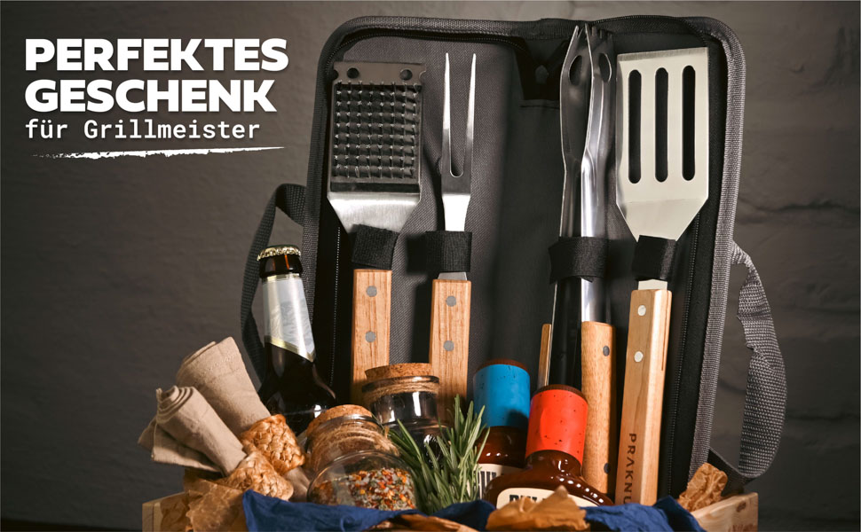 Набір гриль-посуду Praknu з дерев'яними ручками та сумкою - стійкий до високих температур, нержавіючий та міцний. Включає щітку, щипці, лопатку та виделку для м'яса. Ідеальний подарунок для чоловіків.