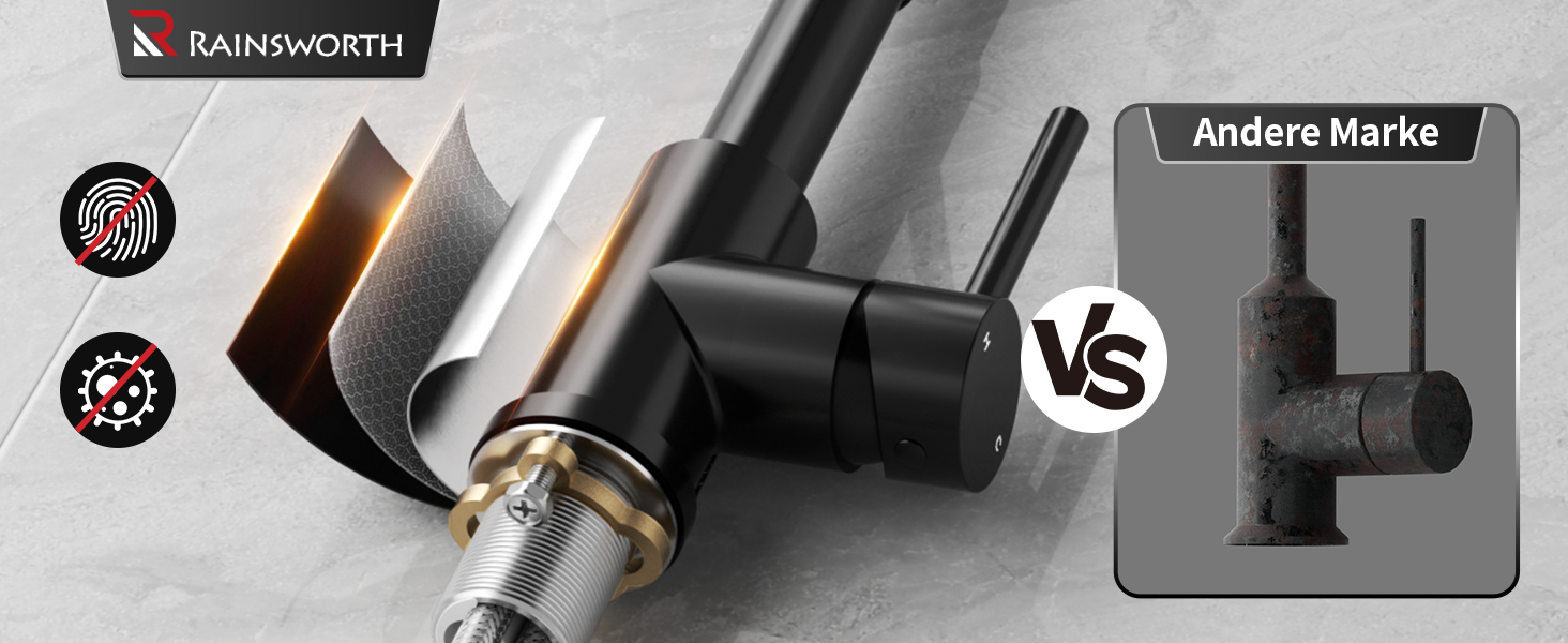 Кухонний змішувач Rainsworth з нержавіючої сталі, чорний, з висувною лійкою та двома струменями, 360° обертання, 45 см