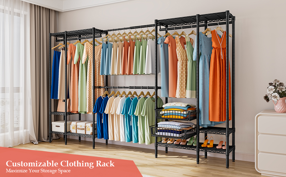 Важкий металевий вішак для одягу, розширюваний відкритий шафа для одягу з 2 висувними кошиками, (249-297) x 40 x 192 см (Чорний)