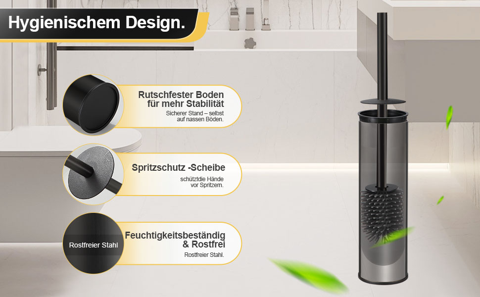 Підлогова щітка для унітазу DAZI, чорна матова, з 2 щітками для глибокого очищення, захист від бризок та засмічень