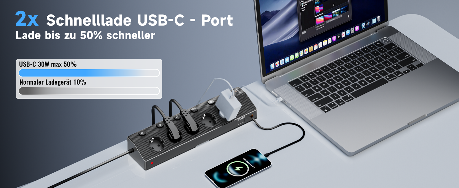 Настільний мережевий фільтр з 5 розетками та 2 USB-C (PD 30W), подовжувач з вимикачем, 4000 Вт, кабель 3м, чорний