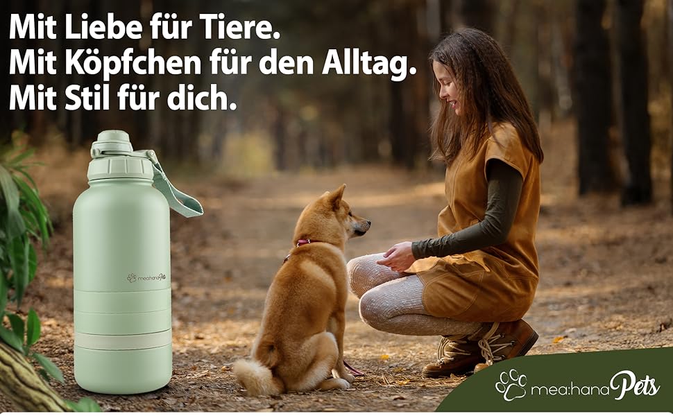 Hana Pets: Фляга для води для собак 1л з мисками - Ідеальна для подорожей та активного відпочинку. Ізольована фляга з нержавіючої сталі з мисками, зручний ручний тримач.