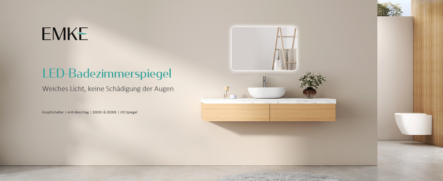 Дзеркало для ванної кімнати EMKE з підсвічуванням 50x70 см, запобігання запотіванню, 3 кольори світла, регулювання яскравості, сенсорне управління, функція пам'яті та автоматичне вимкнення через 3 години, ідеально для ванної кімнати (60 x 40 см)