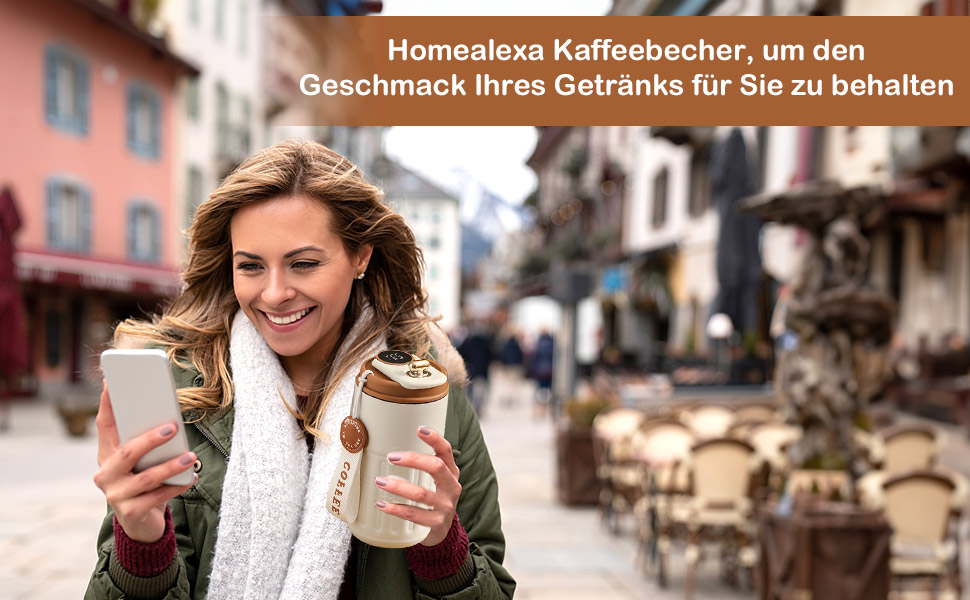 Термокружка для кави HomeAlexa з цифровим дисплеєм, 410 мл, нержавіюча сталь 316, ізольована, з кришкою, для подорожей