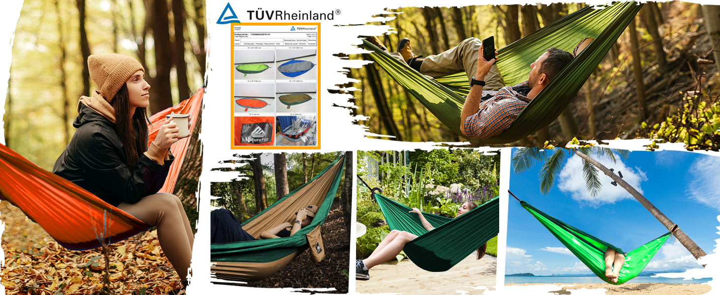 Легка туристична гамак NATUREFUN для кемпінгу | 300 кг вантажопідйомність, 275 x 140 см | Дихаючий, швидковисихаючий нейлон, 2 карабіни, 2 петлі | Для дому, саду, відпочинку на природі