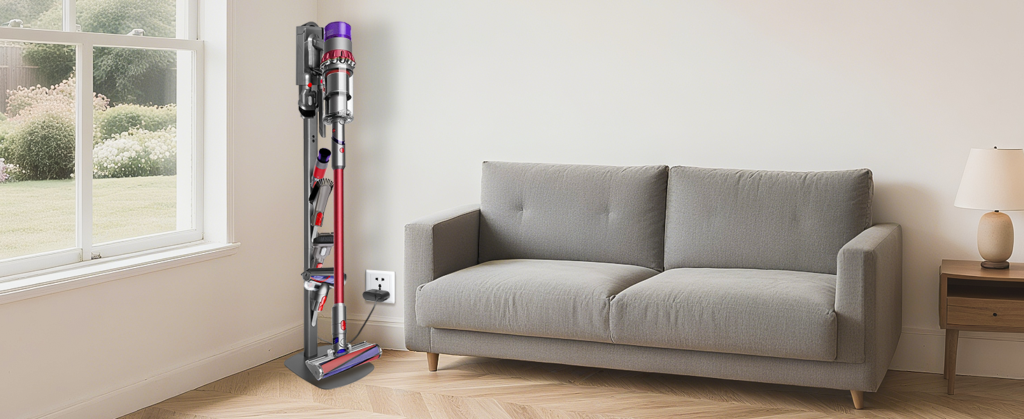 Підставка для пилососів Dyson G5, V15, V12, V11, V10, V8, V7, V6, металева, з 4 гачками та 4 полицями, без свердління, стабільна, на підлогу, приховане кріплення кабелю (темно-сірий)