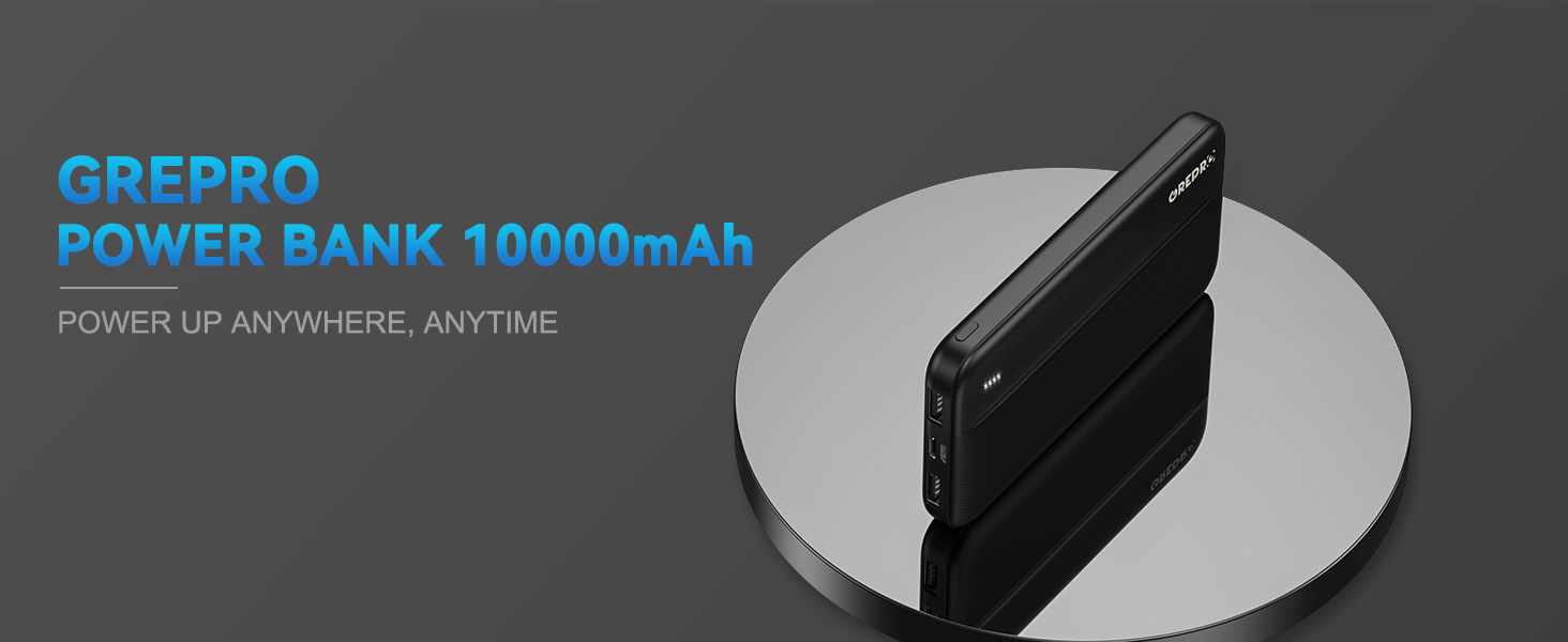 Power Bank GREPRO 10000mAh: компактний зарядний пристрій з USB-C та 2 USB виходами, чорний