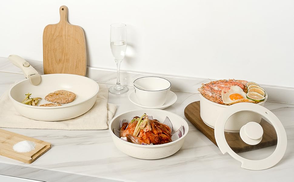 Набір посуду з антипригарним покриттям 11 предметів з знімними ручками (рожевий). Підходить для індукційних, газових плит, духовки та мийної машини. Без PFAS.