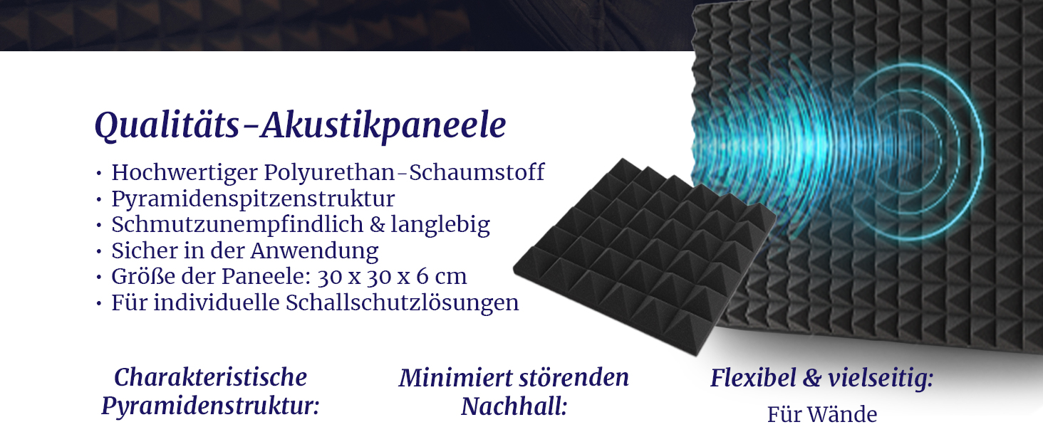 Акустичні пірамідні панелі PolySound для студії, подкастів та домашнього кінотеатру, шумопоглинаючий пінополіуретан, 48 шт, 30x30x6 см, чорний
