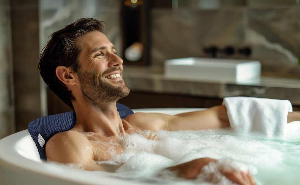 Подушка для ванни з сіткою для прання - Максимальний комфорт та розслаблення з технологією Air Mesh. Подушка для ванни з 4 міцними присосками. Підтримка шиї та голови (Темно-синій)