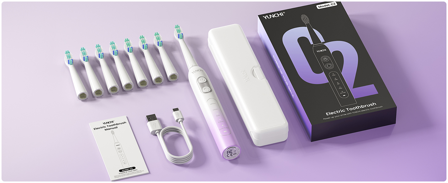 Електрична зубна щітка YUNCHI C2 з 40000 вібрацій на хвилину, звукова щітка для дорослих, зарядка USB-C, акумулятор на 55 днів, 5 режимів чищення, таймер 2 хвилини, 8 насадок, дорожній футляр, чорний (C2 фіолетовий та білий)