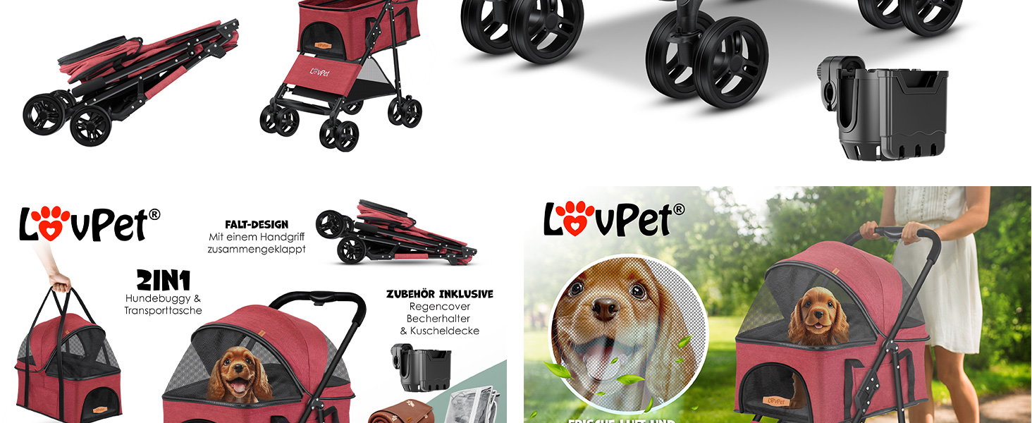 LOVPET® 2-in-1 Pet Stroller - Dog Buggy, Carrier & Jogger for Pets up to 20kg - Foldable, Grey