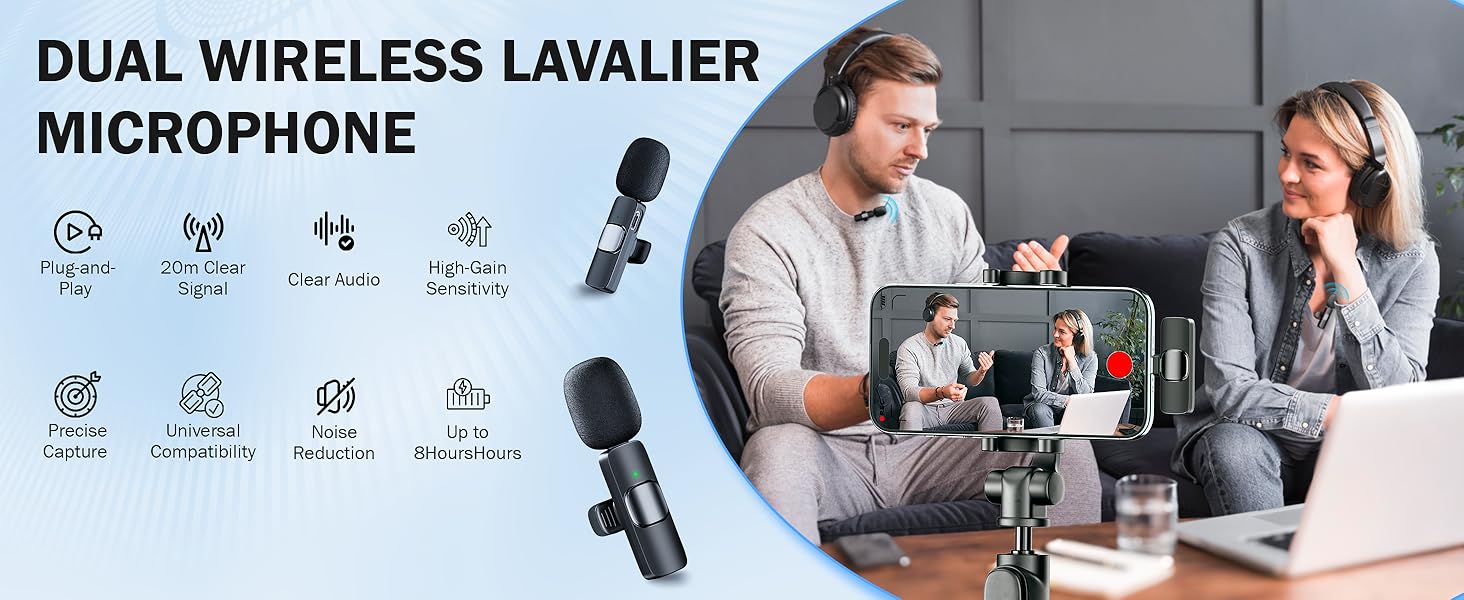 Беспроводной петличный микрофон для телефона/iPhone/iPad/камеры, Mini-микрофон для стриминга, подавление шума, Plug & Play, идеален для видеосъемок, подкастов, YouTube, TikTok & интервью (K9)