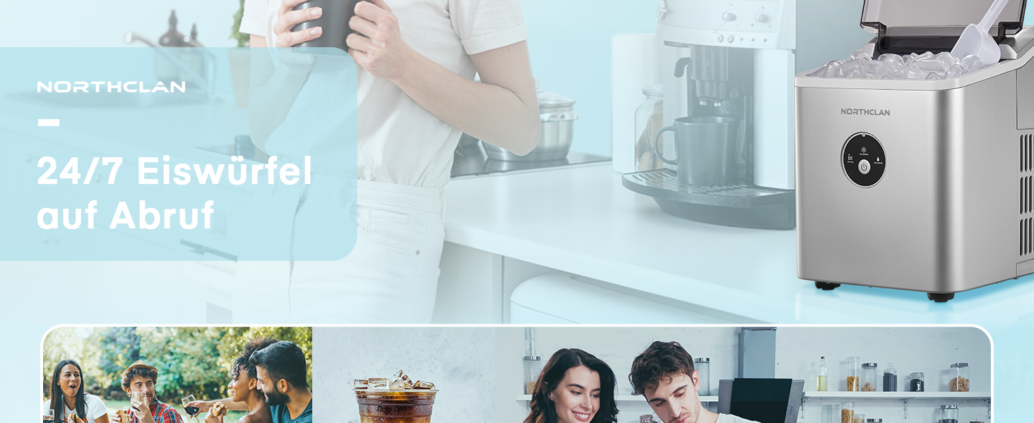 Машина для приготування льоду Eiswürfelmaschine - Тест-переможець 2024, 14 кг/24 год, 9 кубиків за 6-8 хв, тиха робота, 120W з лопаткою та кошиком, компактна для дому/офісу, срібна
