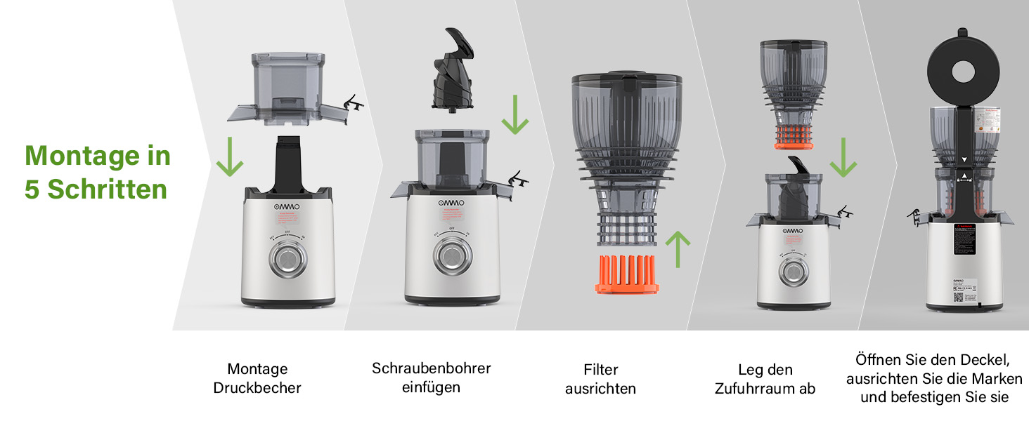 Шнекова соковижималка OMMO Slow Juicer для овочів та фруктів, 300 Вт, срібляста