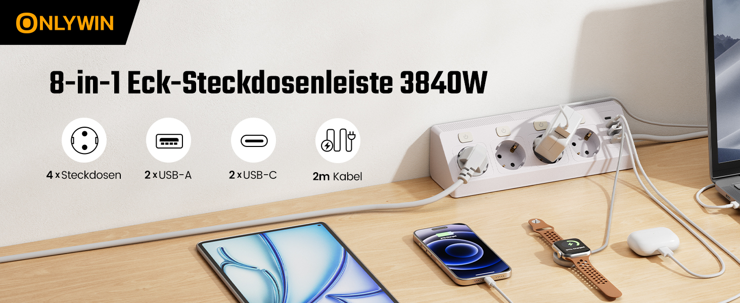 Розетка кутова з 2 USB та 2 Type-C, 16A/3840W, настінна, з кабелем 2м, для офісу, кухні та вітальні, біла