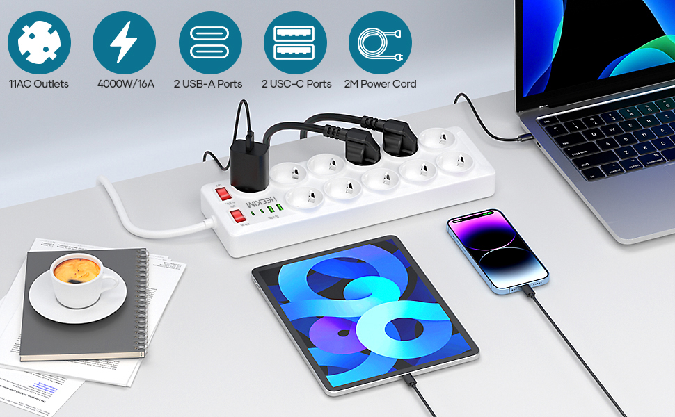 Многофункціональна мережева планка з USB, 11 розеток, вимикач, 2 USB-A та 2 USB-C порти, 4000W, 16A, 2 вимикачі, 2м кабель - білий