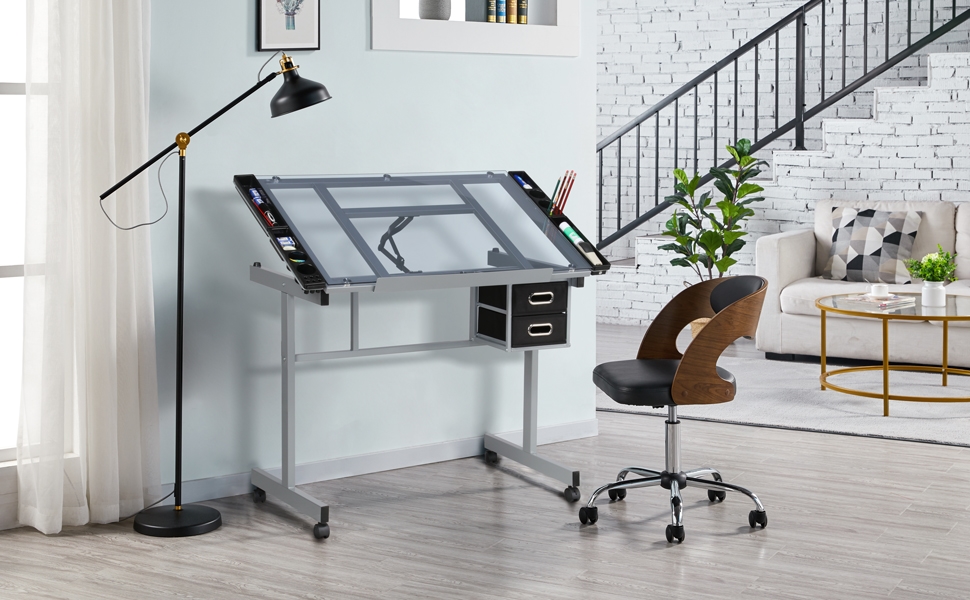 Yaheetech Adjustable Drafting Table - Tilting Glass Top Desk for Architects, Artists & Painters - 90cm x 60cm