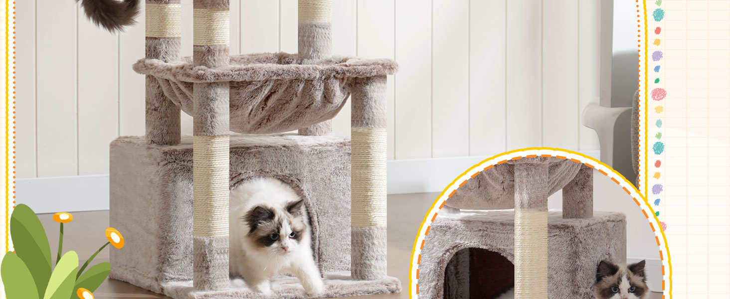 Котячий будиночок Heybly HCT008SW: міцний котячий будиночок з великим м'яким лежаком, місцем для сну та сизалевими стовпчиками для дряпання (коричнево-бежевий)